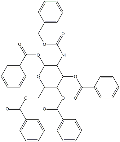 2,5-di(benzoyloxy)-6-[(benzoyloxy)methyl]-3-{[(benzyloxy)carbonyl]amino}tet rahydro-2H-pyran-4-yl benzoate Struktur