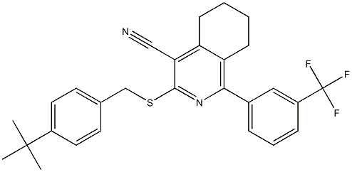 3-{[4-(tert-butyl)benzyl]sulfanyl}-1-[3-(trifluoromethyl)phenyl]-5,6,7,8-tetrahydro-4-isoquinolinecarbonitrile Struktur