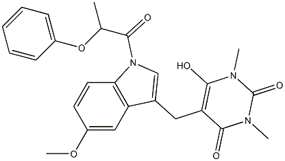 6-hydroxy-5-{[5-methoxy-1-(2-phenoxypropanoyl)-1H-indol-3-yl]methyl}-1,3-dimethyl-2,4(1H,3H)-pyrimidinedione Struktur