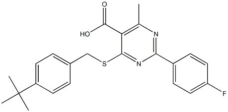 4-(4-tert-Butyl-benzylsulfanyl)-2-(4-fluoro-phenyl)-6-methyl-pyrimidine-5-carboxylic acid Struktur