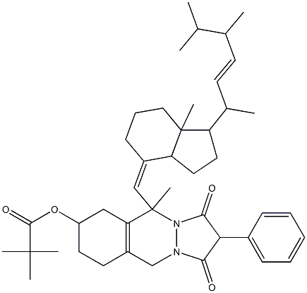 2,2-Dimethyl-propionic acid 5-methyl-5-[7a-methyl-1-(1,4,5-trimethyl-hex-2-enyl)-octahydro-inden-4-ylidenemethyl]-1,3-dioxo-2-phenyl-2,3,5,6,7,8,9,10-octahydro-1H-pyrazolo[1,2-b]phthalazin-7-ylester Struktur