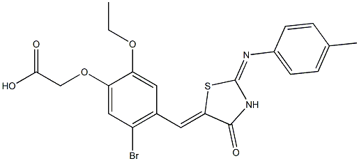 [5-bromo-2-ethoxy-4-({2-[(4-methylphenyl)imino]-4-oxo-1,3-thiazolidin-5-ylidene}methyl)phenoxy]acetic acid Struktur