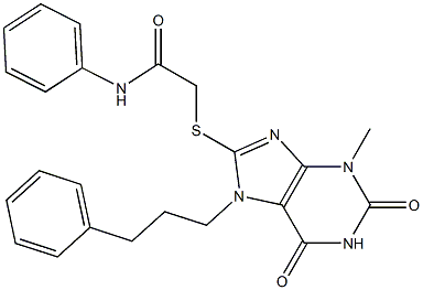 2-{[3-methyl-2,6-dioxo-7-(3-phenylpropyl)-2,3,6,7-tetrahydro-1H-purin-8-yl]sulfanyl}-N-phenylacetamide Struktur