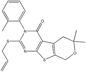 2-(allylsulfanyl)-6,6-dimethyl-3-(2-methylphenyl)-3,5,6,8-tetrahydro-4H-pyrano[4',3':4,5]thieno[2,3-d]pyrimidin-4-one Struktur