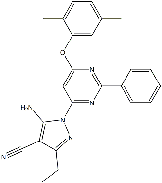 5-amino-1-[6-(2,5-dimethylphenoxy)-2-phenylpyrimidin-4-yl]-3-ethyl-1H-pyrazole-4-carbonitrile Struktur