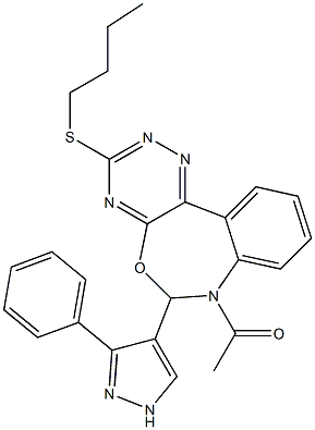 7-acetyl-6-(3-phenyl-1H-pyrazol-4-yl)-6,7-dihydro[1,2,4]triazino[5,6-d][3,1]benzoxazepin-3-yl butyl sulfide Struktur