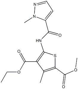 4-ethyl 2-methyl 3-methyl-5-{[(1-methyl-1H-pyrazol-5-yl)carbonyl]amino}-2,4-thiophenedicarboxylate Struktur