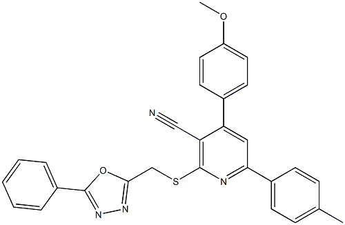 4-(4-methoxyphenyl)-6-(4-methylphenyl)-2-{[(5-phenyl-1,3,4-oxadiazol-2-yl)methyl]sulfanyl}nicotinonitrile Struktur