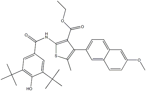 ethyl 2-[(3,5-ditert-butyl-4-hydroxybenzoyl)amino]-4-(6-methoxy-2-naphthyl)-5-methyl-3-thiophenecarboxylate Struktur