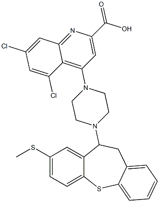 5,7-dichloro-4-{4-[8-(methylsulfanyl)-10,11-dihydrodibenzo[b,f]thiepin-10-yl]-1-piperazinyl}-2-quinolinecarboxylic acid Struktur