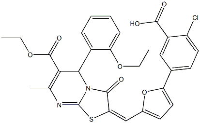 2-chloro-5-{5-[(6-(ethoxycarbonyl)-5-(2-ethoxyphenyl)-7-methyl-3-oxo-5H-[1,3]thiazolo[3,2-a]pyrimidin-2(3H)-ylidene)methyl]-2-furyl}benzoic acid Struktur