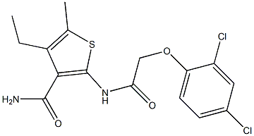 2-{[(2,4-dichlorophenoxy)acetyl]amino}-4-ethyl-5-methyl-3-thiophenecarboxamide Struktur