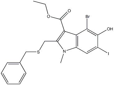 ethyl 2-[(benzylsulfanyl)methyl]-4-bromo-5-hydroxy-6-iodo-1-methyl-1H-indole-3-carboxylate Struktur