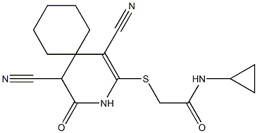 N-cyclopropyl-2-[(1,5-dicyano-4-oxo-3-azaspiro[5.5]undec-1-en-2-yl)sulfanyl]acetamide Struktur