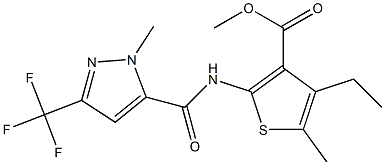 methyl 4-ethyl-5-methyl-2-({[1-methyl-3-(trifluoromethyl)-1H-pyrazol-5-yl]carbonyl}amino)-3-thiophenecarboxylate Struktur