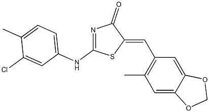 2-(3-chloro-4-methylanilino)-5-[(6-methyl-1,3-benzodioxol-5-yl)methylene]-1,3-thiazol-4(5H)-one Struktur