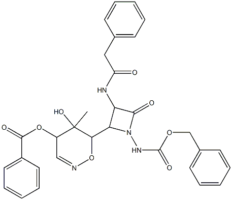 6-{1-{[(benzyloxy)carbonyl]amino}-4-oxo-3-[(phenylacetyl)amino]-2-azetidinyl}-5-hydroxy-5-methyl-5,6-dihydro-4H-1,2-oxazin-4-yl benzoate Struktur