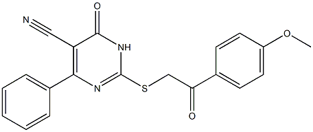 2-{[2-(4-methoxyphenyl)-2-oxoethyl]sulfanyl}-6-oxo-4-phenyl-1,6-dihydro-5-pyrimidinecarbonitrile Struktur