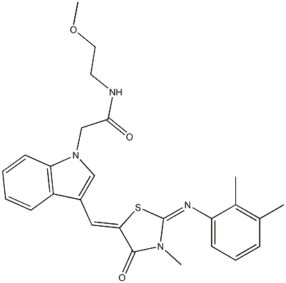 2-[3-({2-[(2,3-dimethylphenyl)imino]-3-methyl-4-oxo-1,3-thiazolidin-5-ylidene}methyl)-1H-indol-1-yl]-N-(2-methoxyethyl)acetamide Struktur