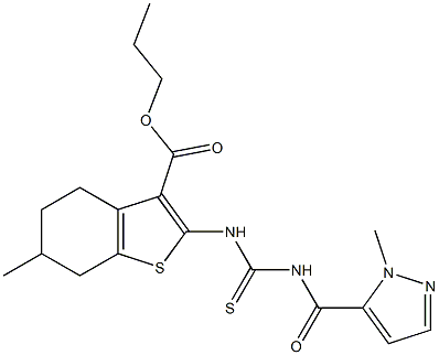 propyl 6-methyl-2-[({[(1-methyl-1H-pyrazol-5-yl)carbonyl]amino}carbothioyl)amino]-4,5,6,7-tetrahydro-1-benzothiophene-3-carboxylate Struktur