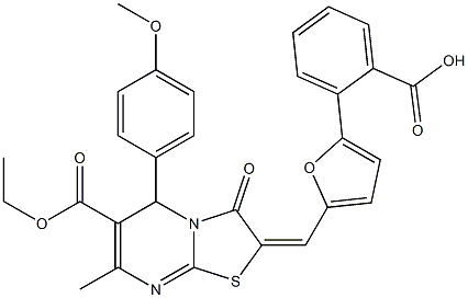 2-{5-[(6-(ethoxycarbonyl)-5-(4-methoxyphenyl)-7-methyl-3-oxo-5H-[1,3]thiazolo[3,2-a]pyrimidin-2(3H)-ylidene)methyl]-2-furyl}benzoic acid Struktur