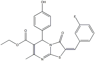 ethyl 2-(3-fluorobenzylidene)-5-(4-hydroxyphenyl)-7-methyl-3-oxo-2,3-dihydro-5H-[1,3]thiazolo[3,2-a]pyrimidine-6-carboxylate Struktur