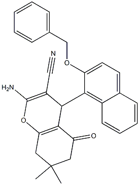 2-amino-4-[2-(benzyloxy)-1-naphthyl]-7,7-dimethyl-5-oxo-5,6,7,8-tetrahydro-4H-chromene-3-carbonitrile Struktur