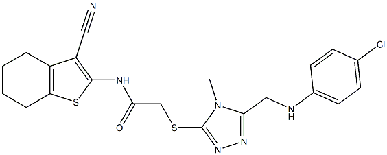 2-[(5-{[(4-chlorophenyl)amino]methyl}-4-methyl-4H-1,2,4-triazol-3-yl)sulfanyl]-N-(3-cyano-4,5,6,7-tetrahydro-1-benzothien-2-yl)acetamide Struktur