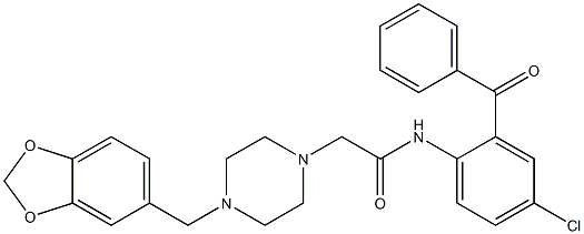 2-[4-(1,3-benzodioxol-5-ylmethyl)-1-piperazinyl]-N-(2-benzoyl-4-chlorophenyl)acetamide Struktur