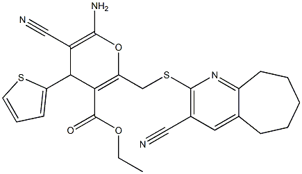 ethyl 6-amino-5-cyano-2-{[(3-cyano-6,7,8,9-tetrahydro-5H-cyclohepta[b]pyridin-2-yl)sulfanyl]methyl}-4-(2-thienyl)-4H-pyran-3-carboxylate Struktur