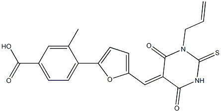 4-{5-[(1-allyl-4,6-dioxo-2-thioxotetrahydro-5(2H)-pyrimidinylidene)methyl]-2-furyl}-3-methylbenzoic acid Struktur