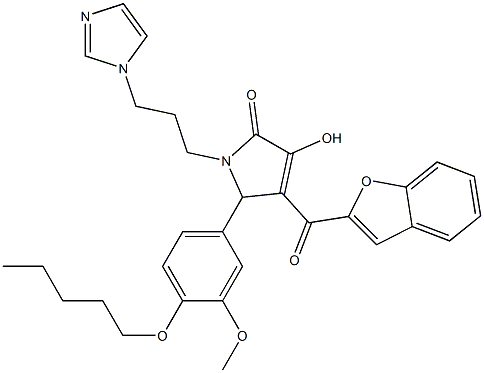 4-(1-benzofuran-2-ylcarbonyl)-3-hydroxy-1-[3-(1H-imidazol-1-yl)propyl]-5-[3-methoxy-4-(pentyloxy)phenyl]-1,5-dihydro-2H-pyrrol-2-one Struktur