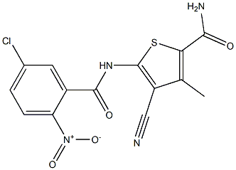 5-({5-chloro-2-nitrobenzoyl}amino)-4-cyano-3-methylthiophene-2-carboxamide Struktur