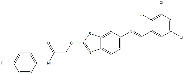 2-({6-[(3,5-dichloro-2-hydroxybenzylidene)amino]-1,3-benzothiazol-2-yl}sulfanyl)-N-(4-fluorophenyl)acetamide Struktur