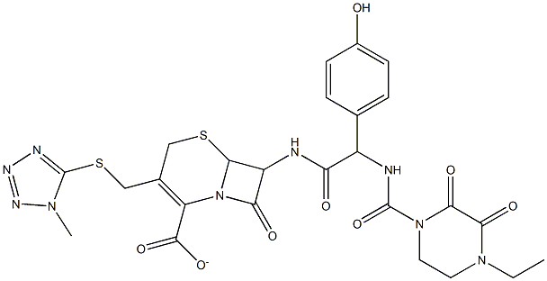 7-{[{[(4-ethyl-2,3-dioxo-1-piperazinyl)carbonyl]amino}(4-hydroxyphenyl)acetyl]amino}-3-{[(1-methyl-1H-tetraazol-5-yl)sulfanyl]methyl}-8-oxo-5-thia-1-azabicyclo[4.2.0]oct-2-ene-2-carboxylate Struktur