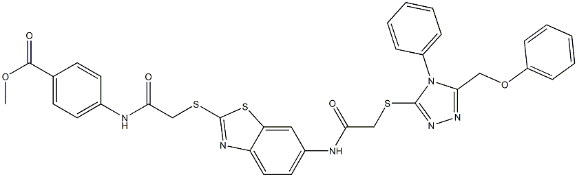 methyl 4-{[({6-[({[5-(phenoxymethyl)-4-phenyl-4H-1,2,4-triazol-3-yl]sulfanyl}acetyl)amino]-1,3-benzothiazol-2-yl}sulfanyl)acetyl]amino}benzoate Struktur