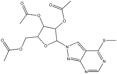 4-(acetyloxy)-2-[(acetyloxy)methyl]-5-[4-(methylsulfanyl)-2H-pyrazolo[3,4-d]pyrimidin-2-yl]tetrahydrofuran-3-yl acetate Struktur