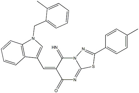 5-imino-6-{[1-(2-methylbenzyl)-1H-indol-3-yl]methylene}-2-(4-methylphenyl)-5,6-dihydro-7H-[1,3,4]thiadiazolo[3,2-a]pyrimidin-7-one Struktur