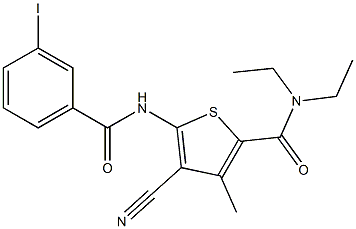 4-cyano-N,N-diethyl-5-[(3-iodobenzoyl)amino]-3-methyl-2-thiophenecarboxamide Struktur