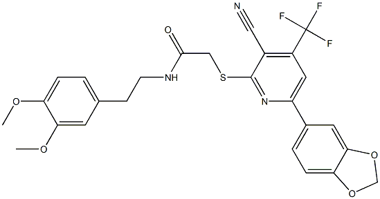 2-{[6-(1,3-benzodioxol-5-yl)-3-cyano-4-(trifluoromethyl)pyridin-2-yl]sulfanyl}-N-[2-(3,4-dimethoxyphenyl)ethyl]acetamide Struktur