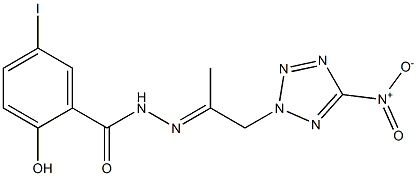 2-hydroxy-N'-(2-{5-nitro-2H-tetraazol-2-yl}-1-methylethylidene)-5-iodobenzohydrazide Struktur