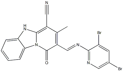 2-{[(3,5-dibromo-2-pyridinyl)imino]methyl}-3-methyl-1-oxo-1,5-dihydropyrido[1,2-a]benzimidazole-4-carbonitrile Struktur