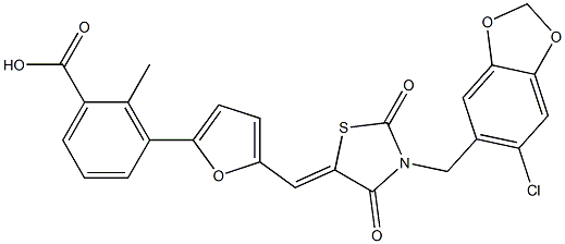 3-[5-({3-[(6-chloro-1,3-benzodioxol-5-yl)methyl]-2,4-dioxo-1,3-thiazolidin-5-ylidene}methyl)-2-furyl]-2-methylbenzoic acid Struktur