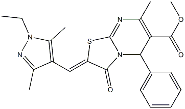 methyl 2-[(1-ethyl-3,5-dimethyl-1H-pyrazol-4-yl)methylene]-7-methyl-3-oxo-5-phenyl-2,3-dihydro-5H-[1,3]thiazolo[3,2-a]pyrimidine-6-carboxylate Struktur