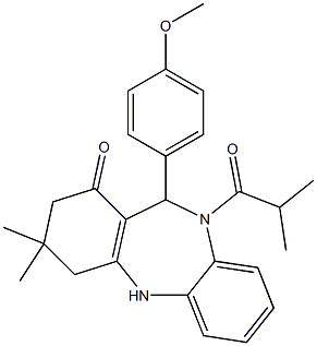 10-isobutyryl-11-(4-methoxyphenyl)-3,3-dimethyl-2,3,4,5,10,11-hexahydro-1H-dibenzo[b,e][1,4]diazepin-1-one Struktur