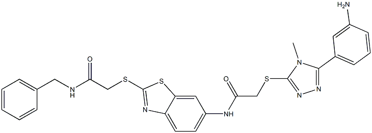 2-{[5-(3-aminophenyl)-4-methyl-4H-1,2,4-triazol-3-yl]sulfanyl}-N-(2-{[2-(benzylamino)-2-oxoethyl]sulfanyl}-1,3-benzothiazol-6-yl)acetamide Struktur