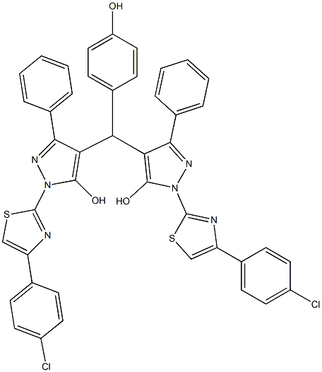 1-[4-(4-chlorophenyl)-1,3-thiazol-2-yl]-4-[{1-[4-(4-chlorophenyl)-1,3-thiazol-2-yl]-5-hydroxy-3-phenyl-1H-pyrazol-4-yl}(4-hydroxyphenyl)methyl]-3-phenyl-1H-pyrazol-5-ol Struktur