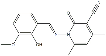 1-{[(E)-(2-hydroxy-3-methoxyphenyl)methylidene]amino}-4,6-dimethyl-2-oxo-1,2-dihydro-3-pyridinecarbonitrile Struktur