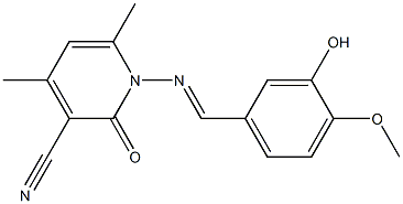 1-{[(E)-(3-hydroxy-4-methoxyphenyl)methylidene]amino}-4,6-dimethyl-2-oxo-1,2-dihydro-3-pyridinecarbonitrile Struktur