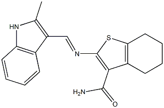 2-{[(E)-(2-methyl-1H-indol-3-yl)methylidene]amino}-4,5,6,7-tetrahydro-1-benzothiophene-3-carboxamide Struktur